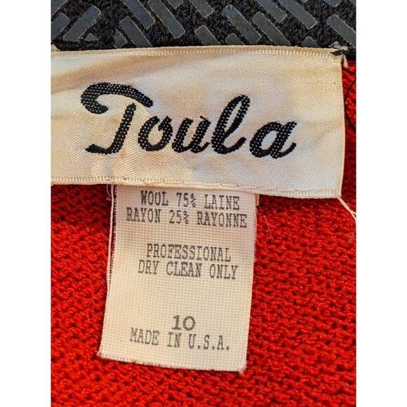Vintage Toula Two Button Cardigan Jacket Red Knit Black Sequin Collar Womens 10 - Picture 7 of 7